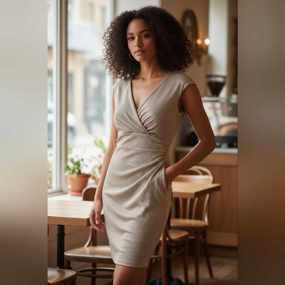 Chaps Elegant Cream Wrap Dress